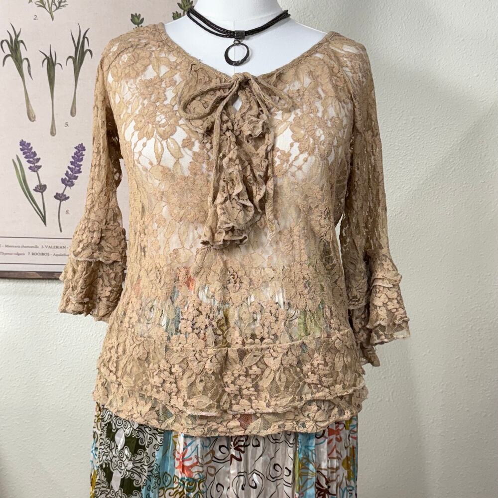 90s Y2k Sheer Lace Ruffle Top Fairy Grunge Forest Nymphette Romantic Coquette XL